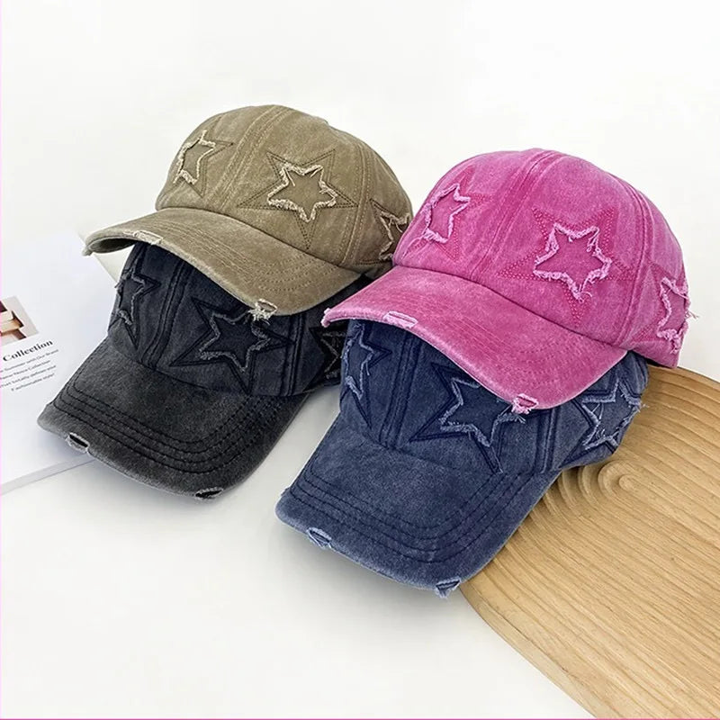 Damska czapka baseballowa z wyblakłą bawełną i motywem pięcioramiennej gwiazdy – modna czapka typu „dad hat” w stylu ulicznym
