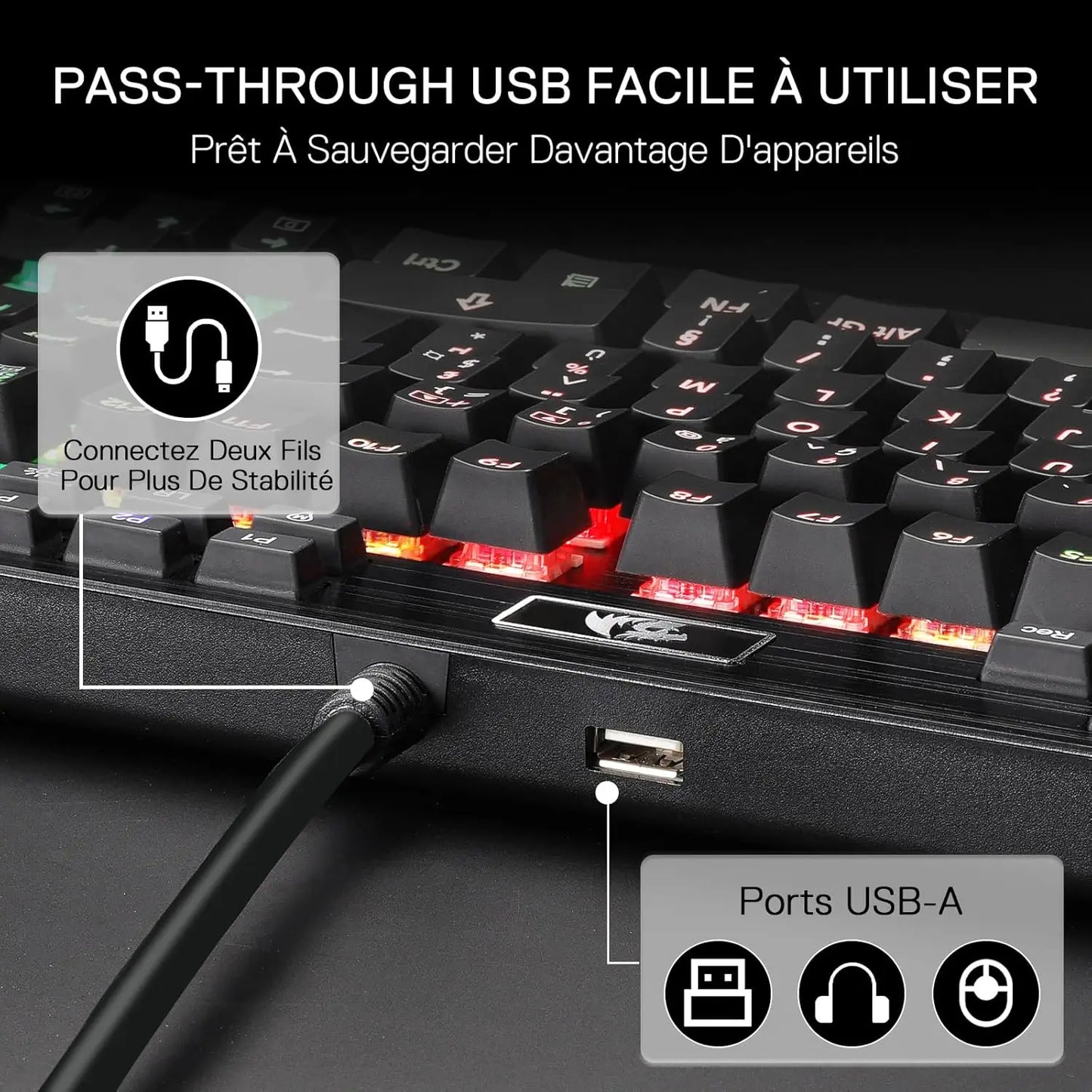 Redragon K550 RGB AZERTY Gaming Keyboard, 104 Keys + 12 Macro Keys, Wired Mechanical Keyboard, Aluminum Top Plate, Clicky Purple Switches, 2 USB Ports, Wrist Rest, Black