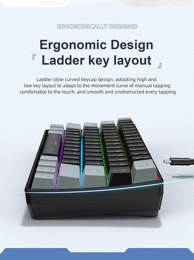 APAYADO K61 Mini 60% Gaming Keyboard 61-Key, Wired, Portable, RGB Lighting, Red/Blue Switch, Black/White/Red Colors