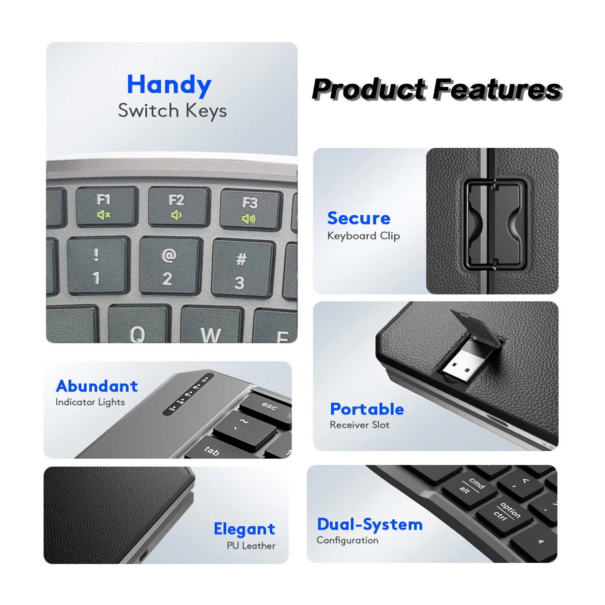 Teclado Bluetooth ergonómico plegable, teclado compacto dividido portátil para viajes de negocios, teclado inalámbrico plegable recargable