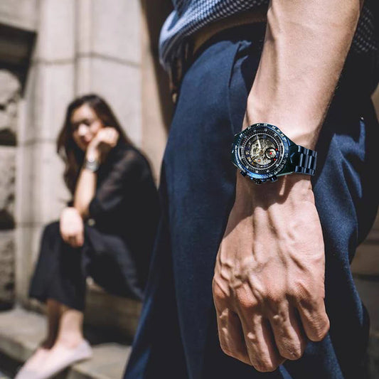 Relógio automático para homem WINNER – Modelo esqueleto transparente, ponteiros luminescentes, bracelete em aço inoxidável, relógio mecânico de marca de luxo