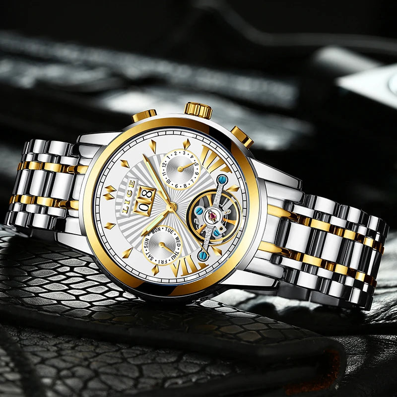Montres-bracelets mécaniques automatiques pour hommes LIGE – Montre de luxe haut de gamme avec tourbillon, modèle élégant et étanche, idéal pour le travail ou les occasions formelles.