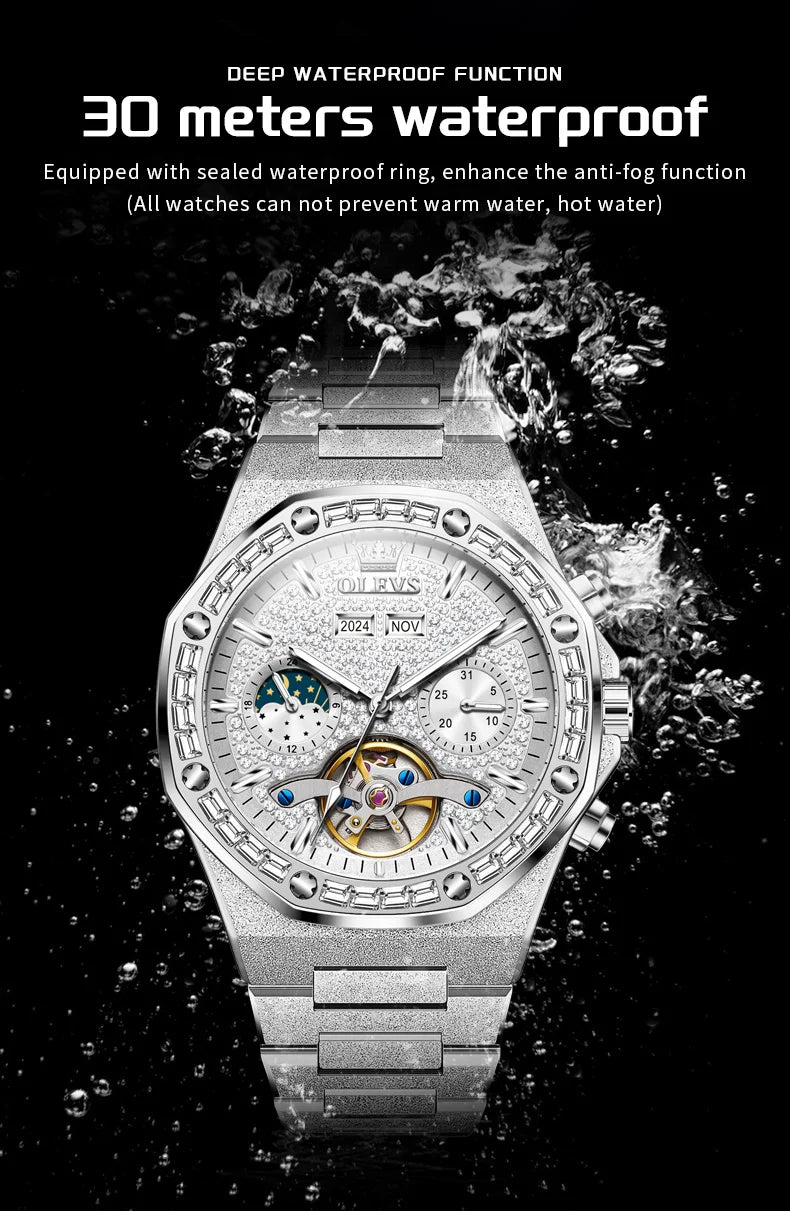 OLEVS 9805 Skeleton Automatic Man Watch Luxury Fashion Matte Texture Full Diamond Moon Phase Waterproof Mechanical Wristwatches