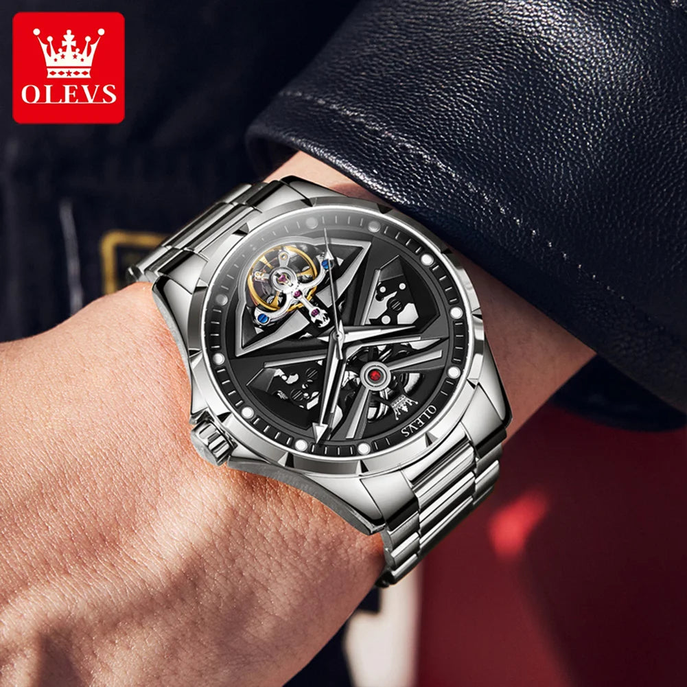 OLEVS 6655 herreur, fuldautomatisk skeletmodel; luksuriøst mekanisk armbåndsur, selvlysende og vandtæt.