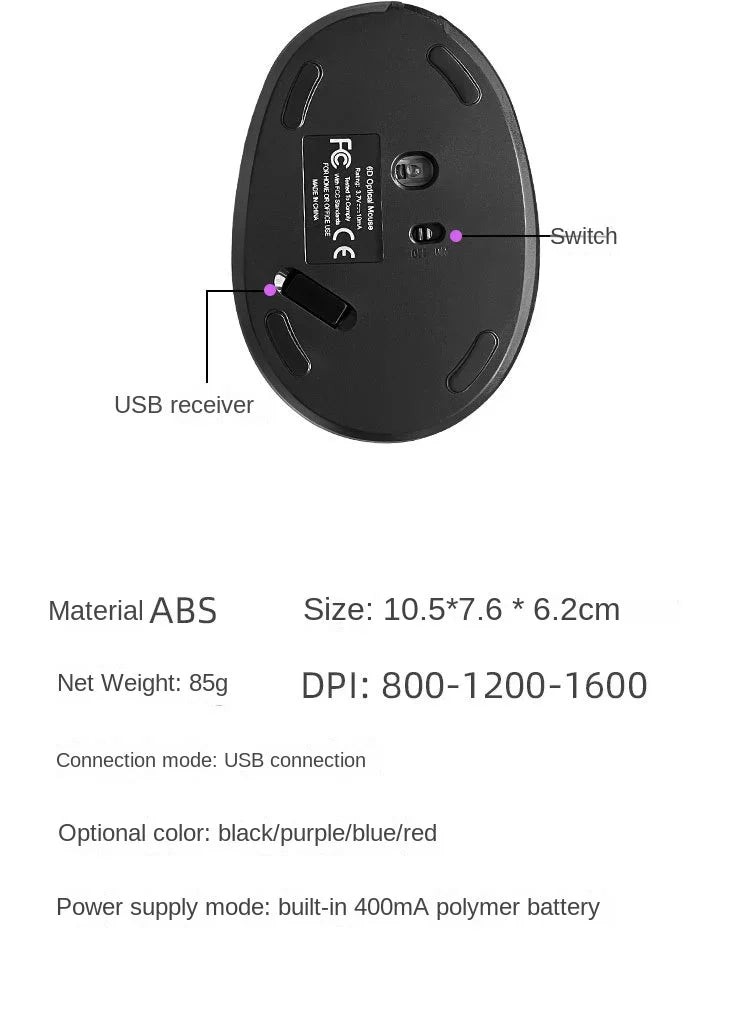 BTS-908 Najbolje prodajana polnilna navpična ergonomska brezžična miška z 2.4G USB sprejemnikom, nastavljivo ločljivostjo 1600 DPI in 6 gumbi