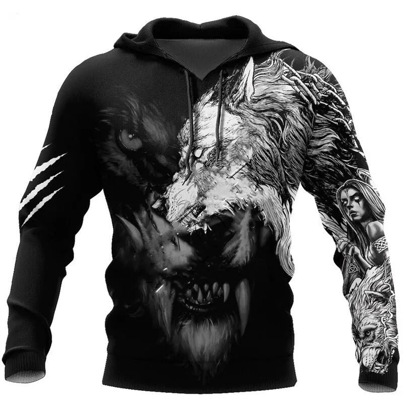 Sweatshirt com Capuz Unissexo de Outono com Estampado 3D Integral de Leão, Lobo e Pele de Tigre Branco para Homem, Pullover Casual Estilo Casaco