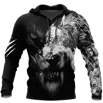 Sweatshirt com Capuz Unissexo de Outono com Estampado 3D Integral de Leão, Lobo e Pele de Tigre Branco para Homem, Pullover Casual Estilo Casaco