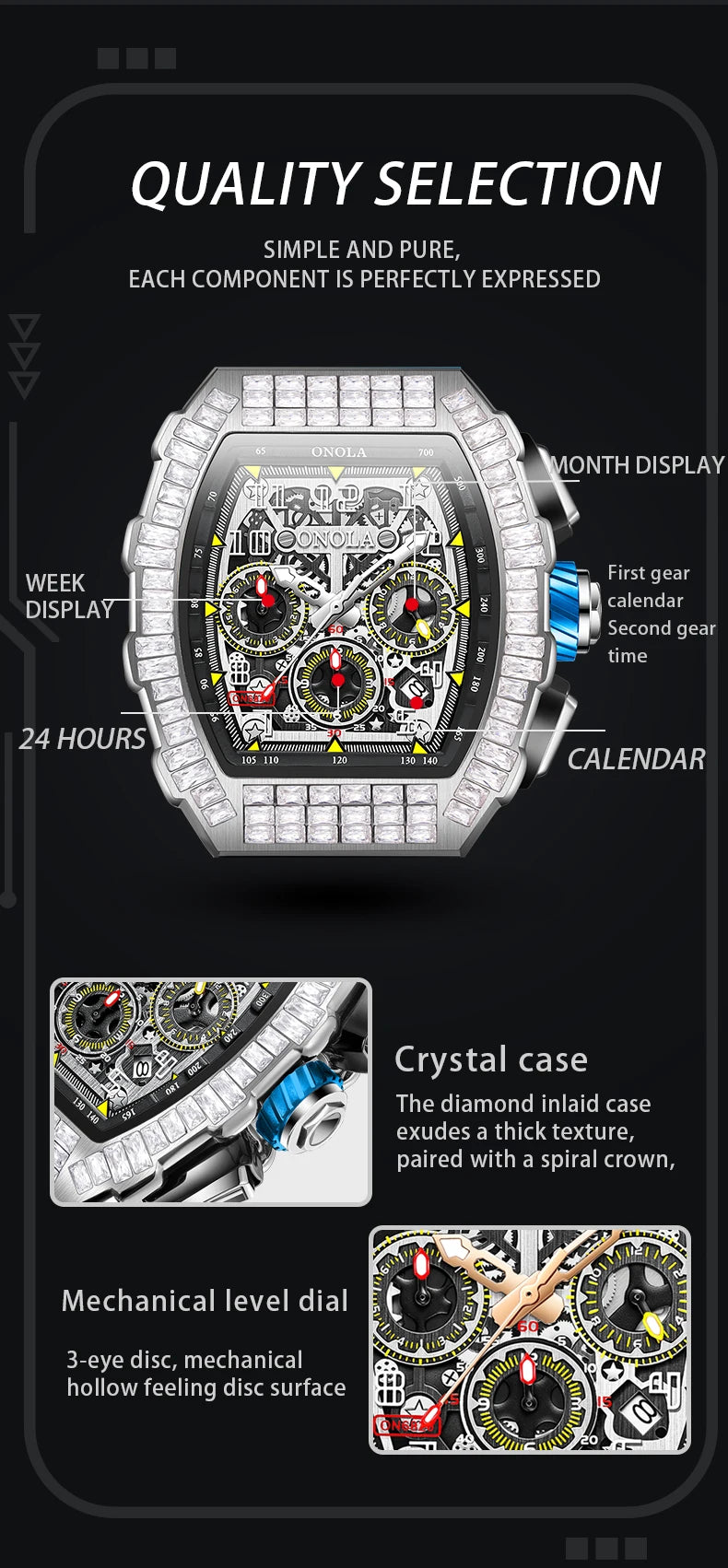 Hot Selling Fashion Fully Automatic Mechanical Watches Men ONOLA Unique Design with Diamond Inlaid Waterproof Tape Men's Watch