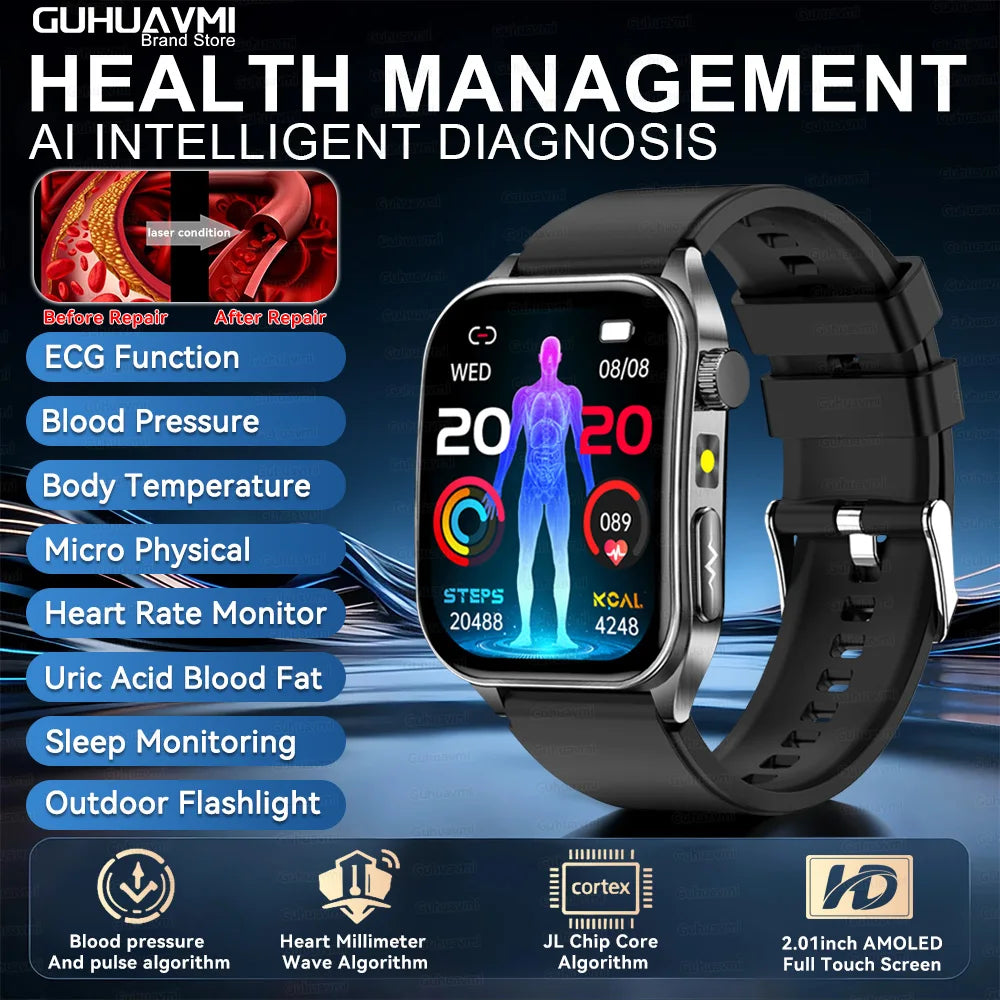 2026 New 650nm Laser Therapy Blood Fat Uric Acid Blood Pressure Smart Watch ECG+PPG Precise Health Monitor Smartwatches For Men