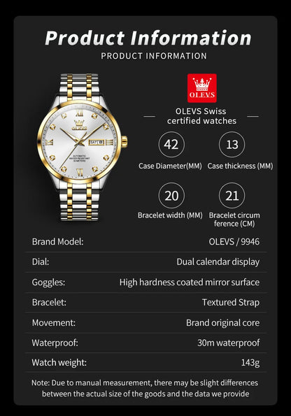 OLEVS 9946 Brand Original Man Watch Dual Calendar Diamond Scale Luxury Automatic Mechanical Watch for Men Business Wristwatches