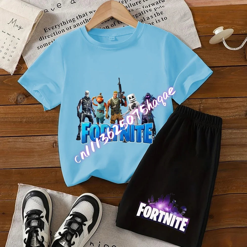 Summer T-shirts 2 pieces Fortnite children's cotton short-sleeved set with cartoon prints, boys' sports shirt, casual top, gift