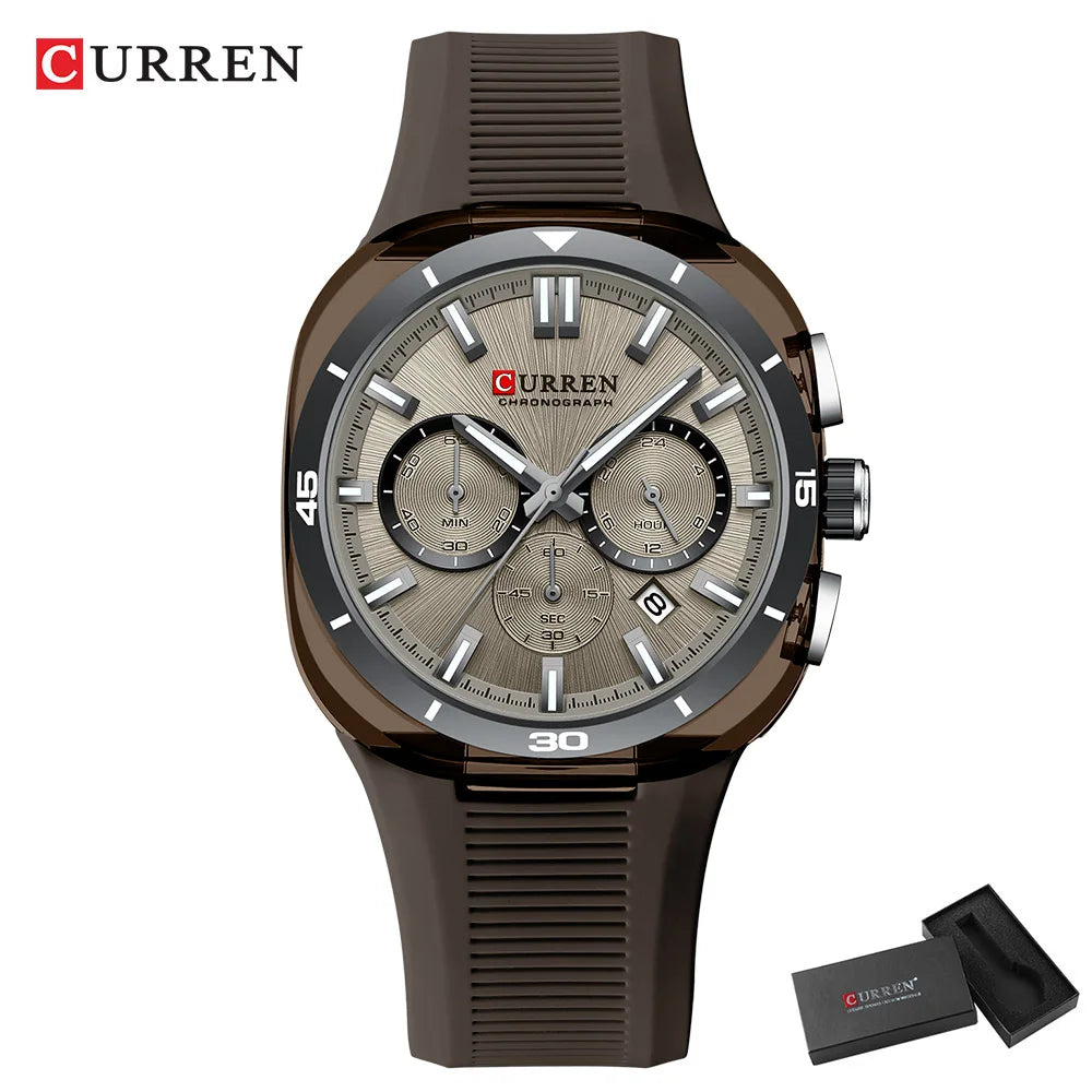 Reloj para hombre CURREN: nuevo modelo de lujo con mecanismo de cuarzo, correa de silicona, estilo deportivo, multifunción, resistente al agua, luminiscente, con indicador de fecha y cronómetro.