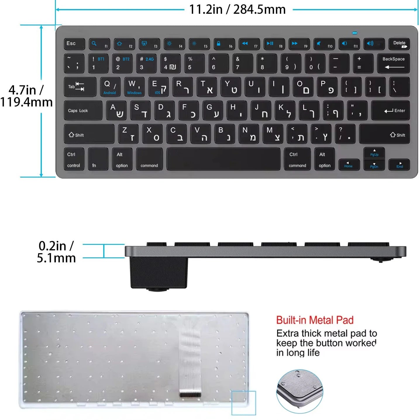 Teclado sem fios com disposição hebraica e inglesa, Bluetooth e 2.4G, modo duplo, fino, compacto e ergonómico, para Windows, iOS e Android
