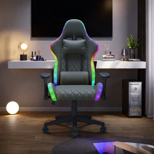 Anajqaqia Gaming Chair RGB LED Light Lumbar Massage Adjustable 90-135° Backrest Ergonomic Office Chair