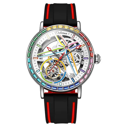 Reloj esqueleto para hombre, de estilo moderno, adornado con piedras preciosas de los colores del arcoíris y dotado de un tourbillon; reloj mecánico automático de lujo, hermético hasta 30 metros.