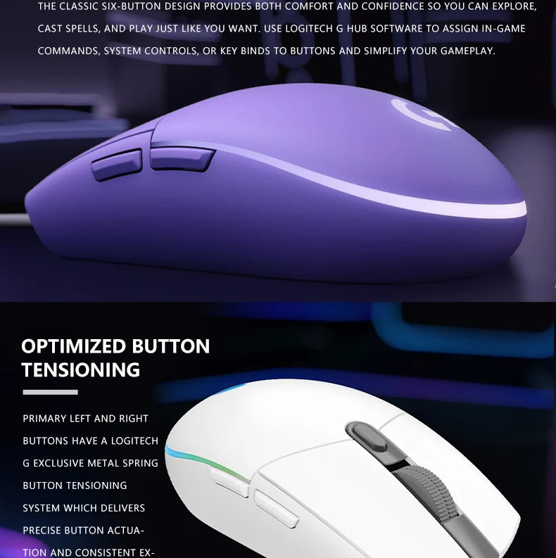 Logitech G203 жична геймърска мишка, Esports-клас, 6 програмируеми бутона и многоцветно осветление за състезателни игри