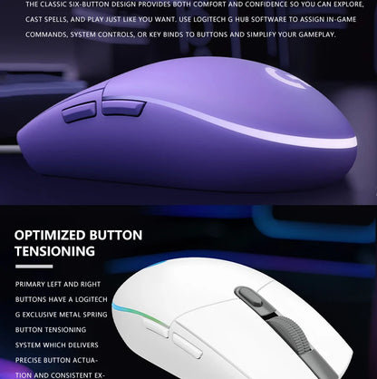 Logitech G203 жична геймърска мишка, Esports-клас, 6 програмируеми бутона и многоцветно осветление за състезателни игри