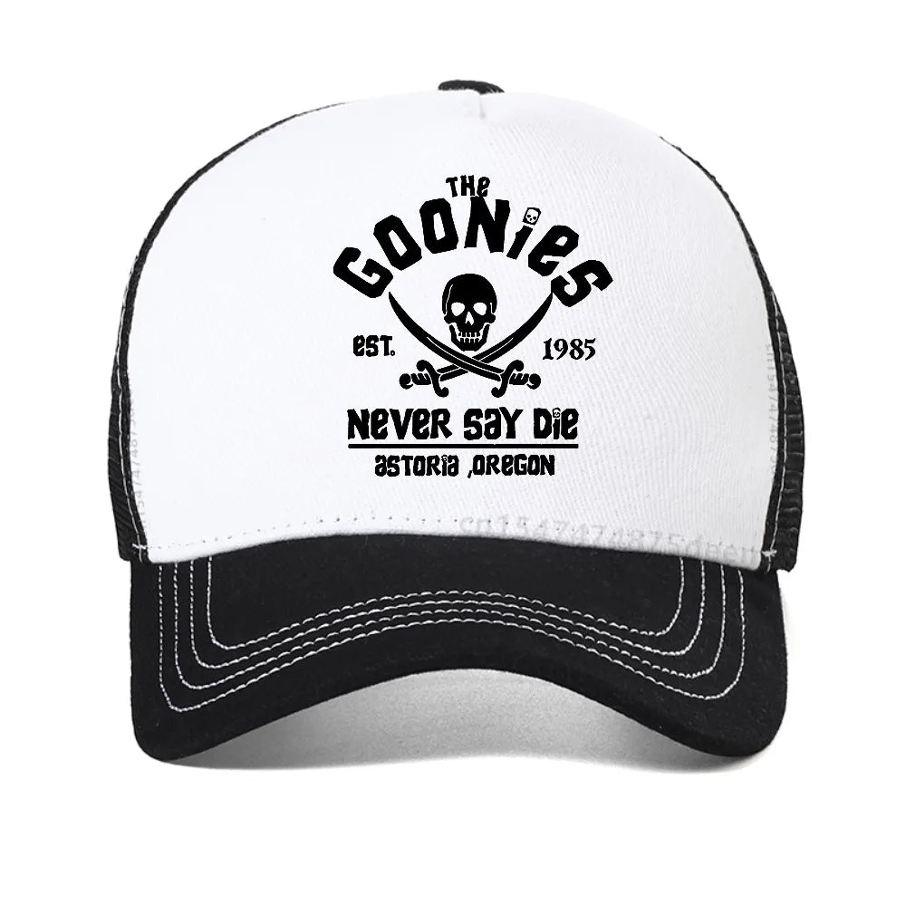 The Goonies Est 1985 Never Say Die miesten baseball-lippis, kesäinen verkkokankainen snapback-lippalakki, muodikas hengittävä vapaa-ajan aurinkohattu ulkokäyttöön