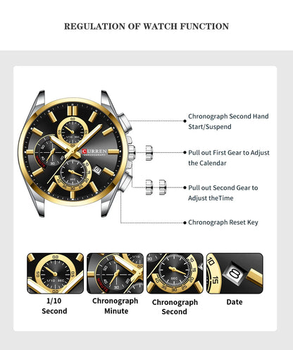 CURREN Men's Stainless Steel Chronograph Watches with Luminous Hands,Triple Sub-Dials Auto Date Fashion Design Quartz Wristwatch