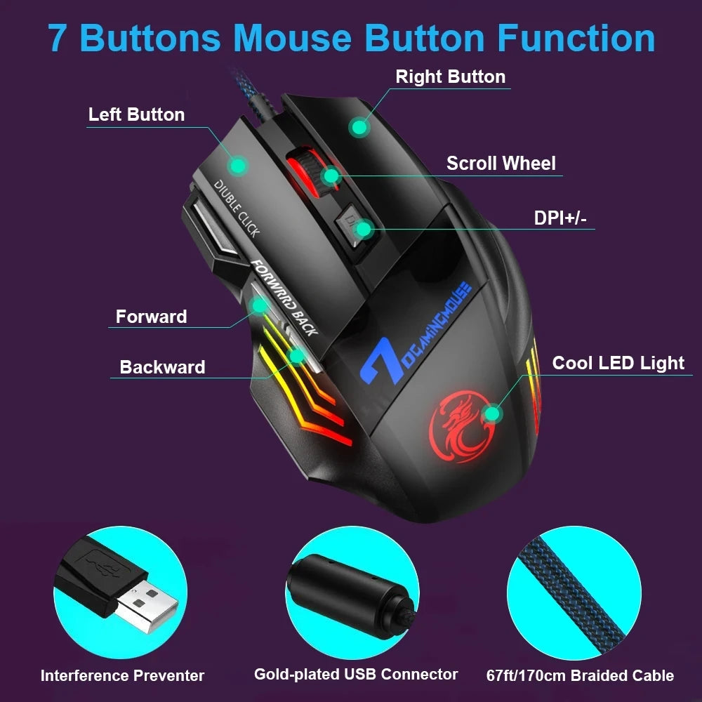 Mouse da gaming cablato per gamer, mouse per computer ergonomico con retroilluminazione RGB silenziosa, LED, 7 pulsanti, USB, per PC desktop