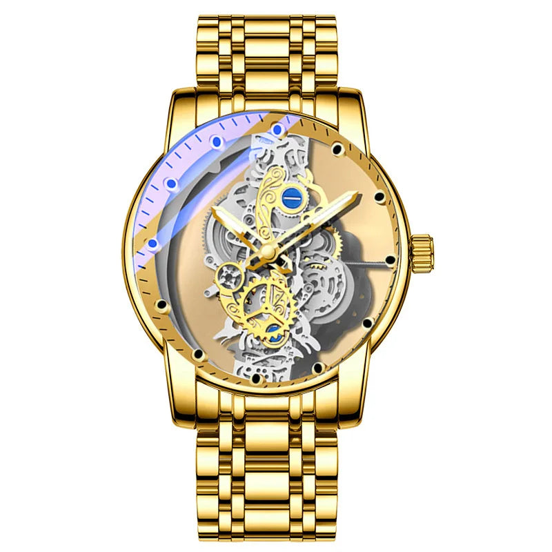 Relógio de moda para homem, modelo com abertura dupla, estilo luxuoso dourado, imitação de turbilhão mecânico, movimento de quartzo.
