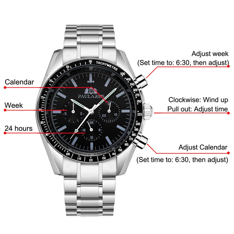 PAULAREIS P Brand Luxury Men Mechanical Watches Calendar Business Watch Men's Sports Waterproof Stainless Steel Automatic Watches