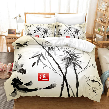 Bamboo Painting Duvet Cover Set Chinese Style Bedding Set Youth Linen Queen Size Bed Comforter Cover Set Fashion Bedding Set