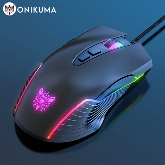 Ratón gaming con cable ONIKUMA, 6 niveles ajustables, 6400 DPI, 7 botones programables, 7 modos de iluminación RGB, diseño ergonómico para gamers de PC