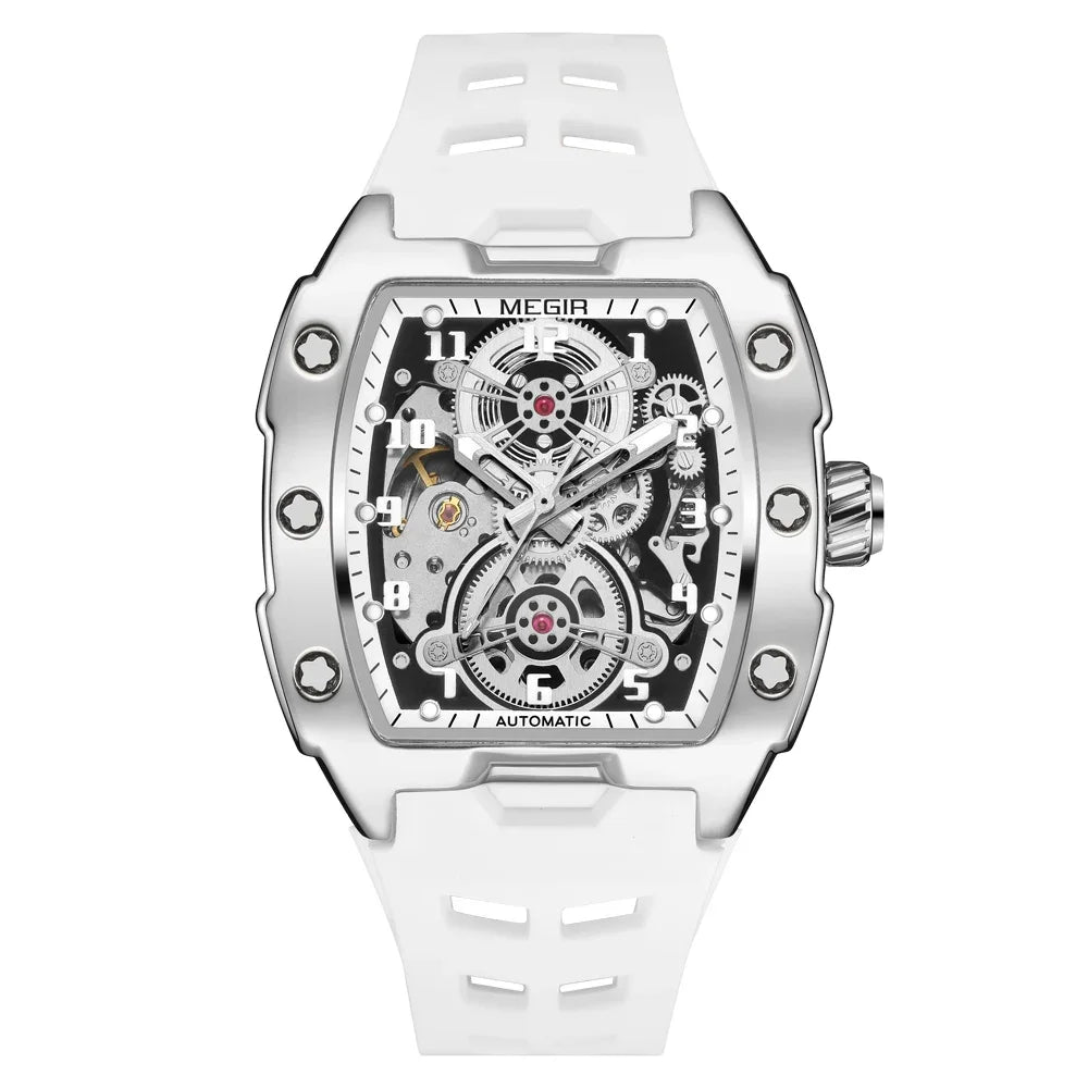 MEGIR Fashion Sport Alloy Case Men Mechanics Watch Waterproof Silicone Band Barrel Shaped Dial Luminous Pointer Man Wristwatches