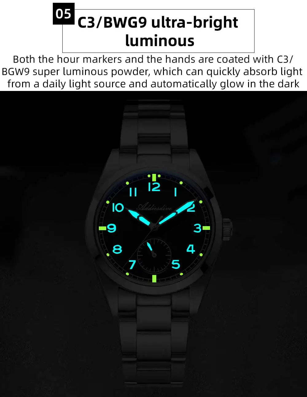 Relógio de quartzo ADDIESDIVE 36mm para homem VH60, luminoso BGW9, vidro em cúpula tipo bolha, resistente à água 10Bar, em aço inoxidável