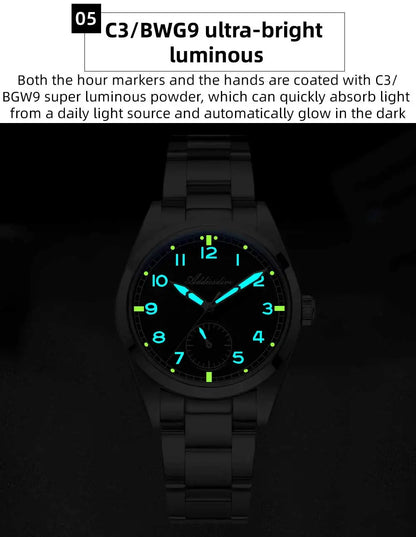 Relógio de quartzo ADDIESDIVE 36mm para homem VH60, luminoso BGW9, vidro em cúpula tipo bolha, resistente à água 10Bar, em aço inoxidável