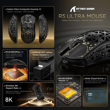 ATTACK SHARK R5 Ultra Carbon Fiber Kabellose 8K-Gaming-Maus 39g SUPERLIGHT, PixArt PAW3950MAX Gaming-Sensor, 8000Hz kabelloses Polling