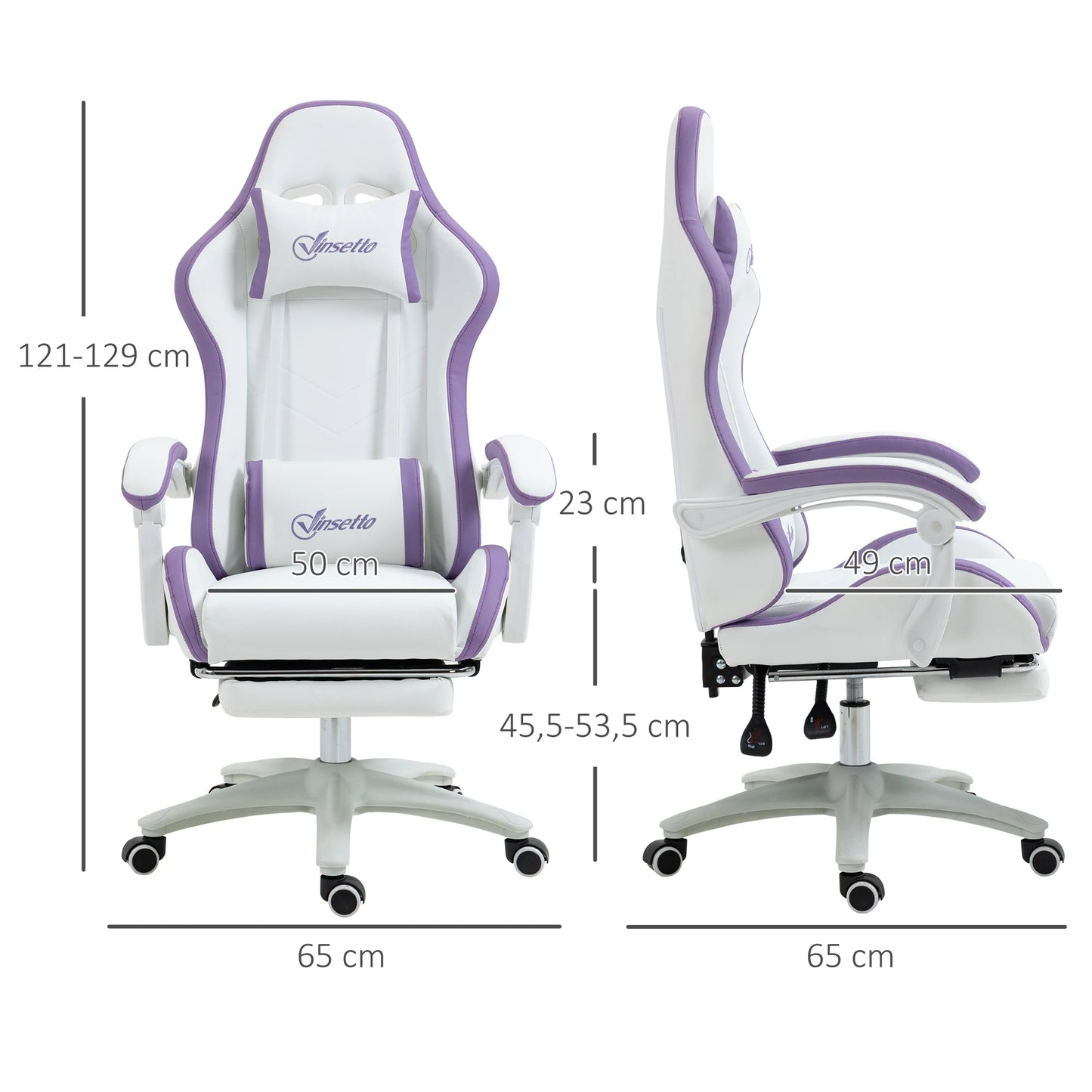 Vinsetto Gaming Chair Pu Leather Gamer Chair Adjustable Height Reclining 135 °   Headrest and Footrest 65X65X121-129 cm White