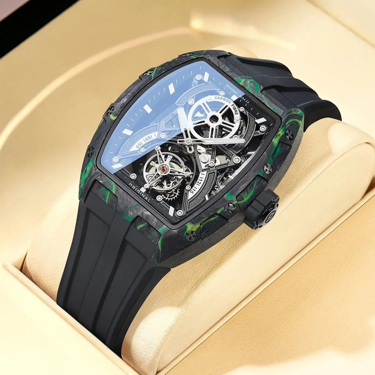 BONEST GATTI Men Automatic Mechanical Watch Skeleton Dial Sapphire Crystal Fluororubber Strap Waterproof Luminous Business watch