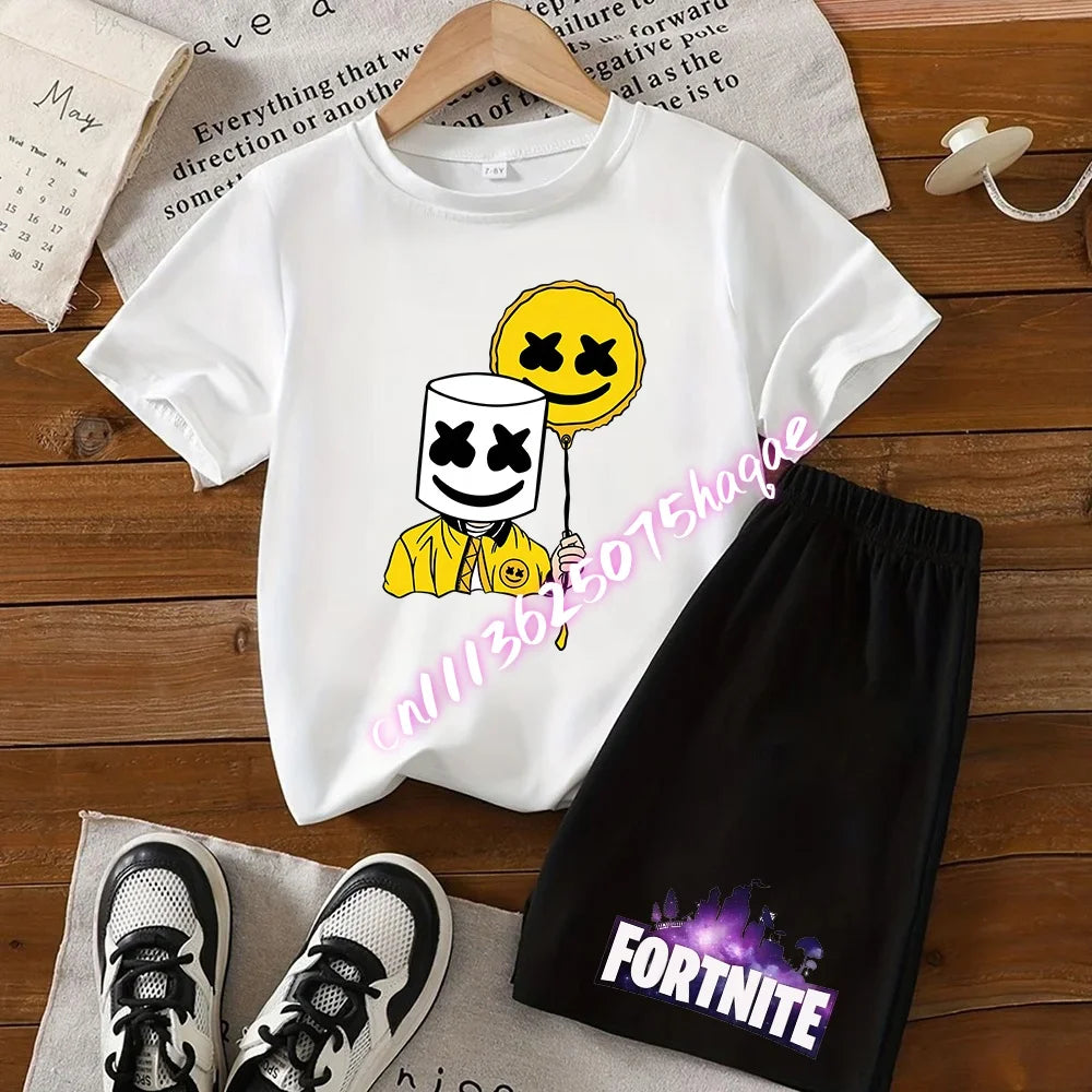 Summer FortnitesT-shirt Shorts for Boys Girl Tee Pants Set 2pcs Children Clothing Tops T-shirts Fortress Night Print Tees Gift