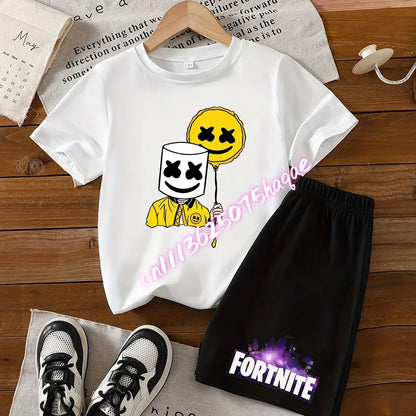Summer FortnitesT-shirt Shorts for Boys Girl Tee Pants Set 2pcs Children Clothing Tops T-shirts Fortress Night Print Tees Gift