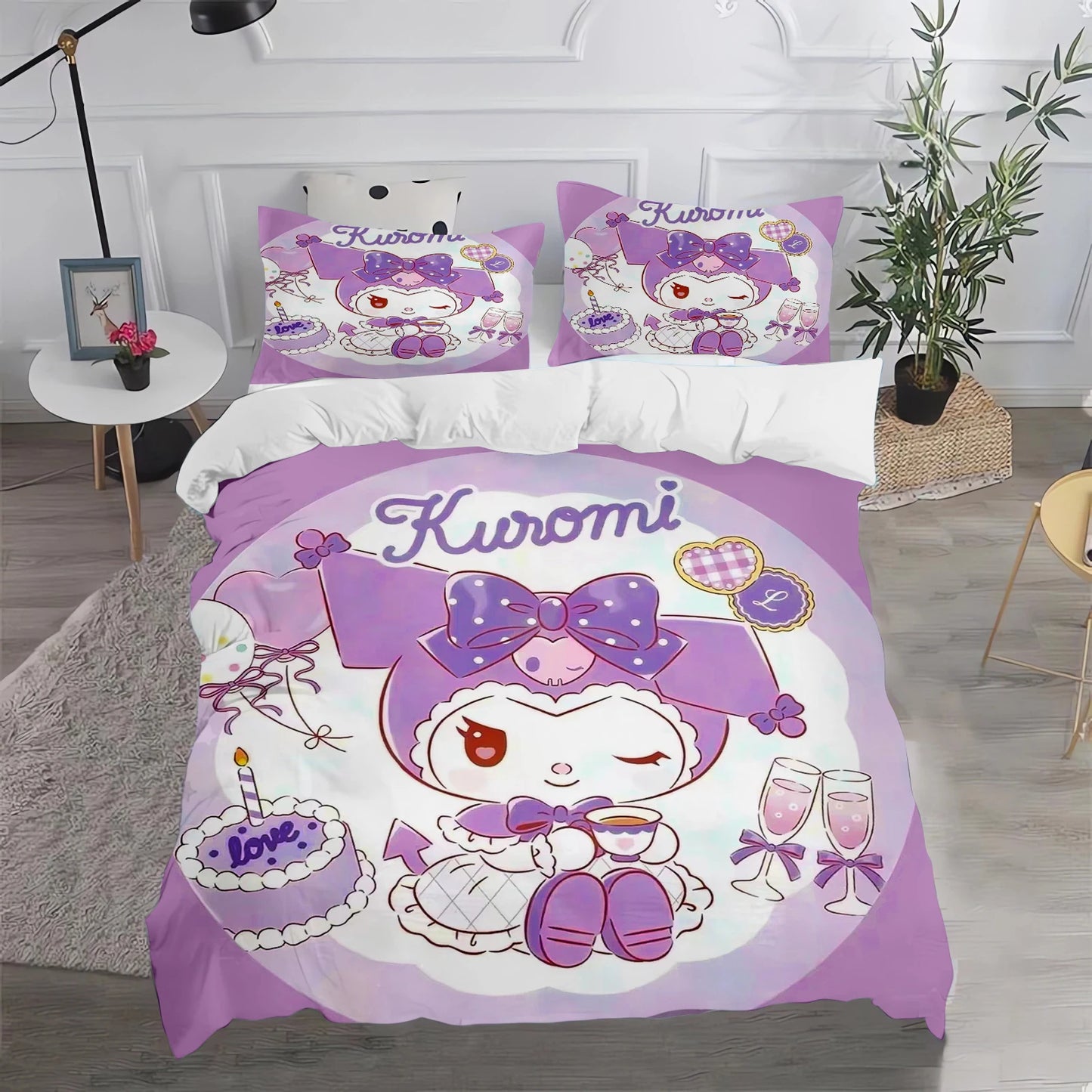 Conjunto de Capa de Edredão e Fronha Kuromi Fofo para Cama, Decoração de Quarto para Adulto, Rapaz e Rapariga, Presente para Crianças, Tamanho Individual, Duplo e Grande