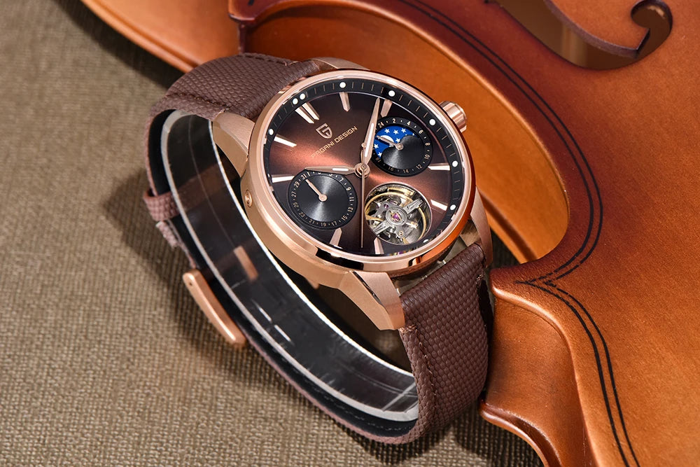 PAGANI DESIGN – Mekanisk luksusur til mænd, 41 mm, safirglas, læderrem, vandtæt, pilotstil, med tourbillon og månefase