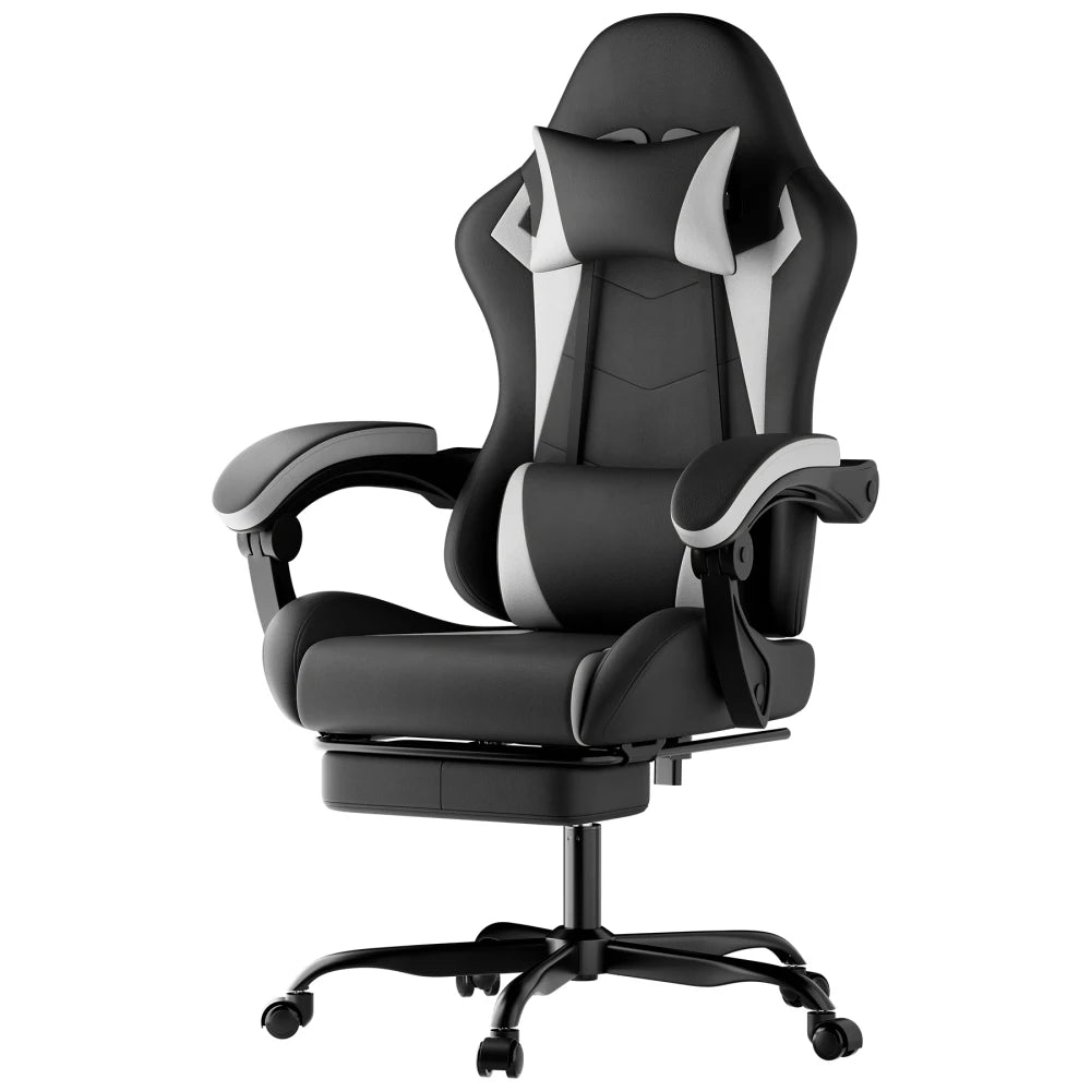 Gaming Chair Ergonomic Gaming Chair with Lumbar Pillow and Headrest, Gamer Chair Height Adjustable, PC Chair for Adults Girls Boys, Black and White