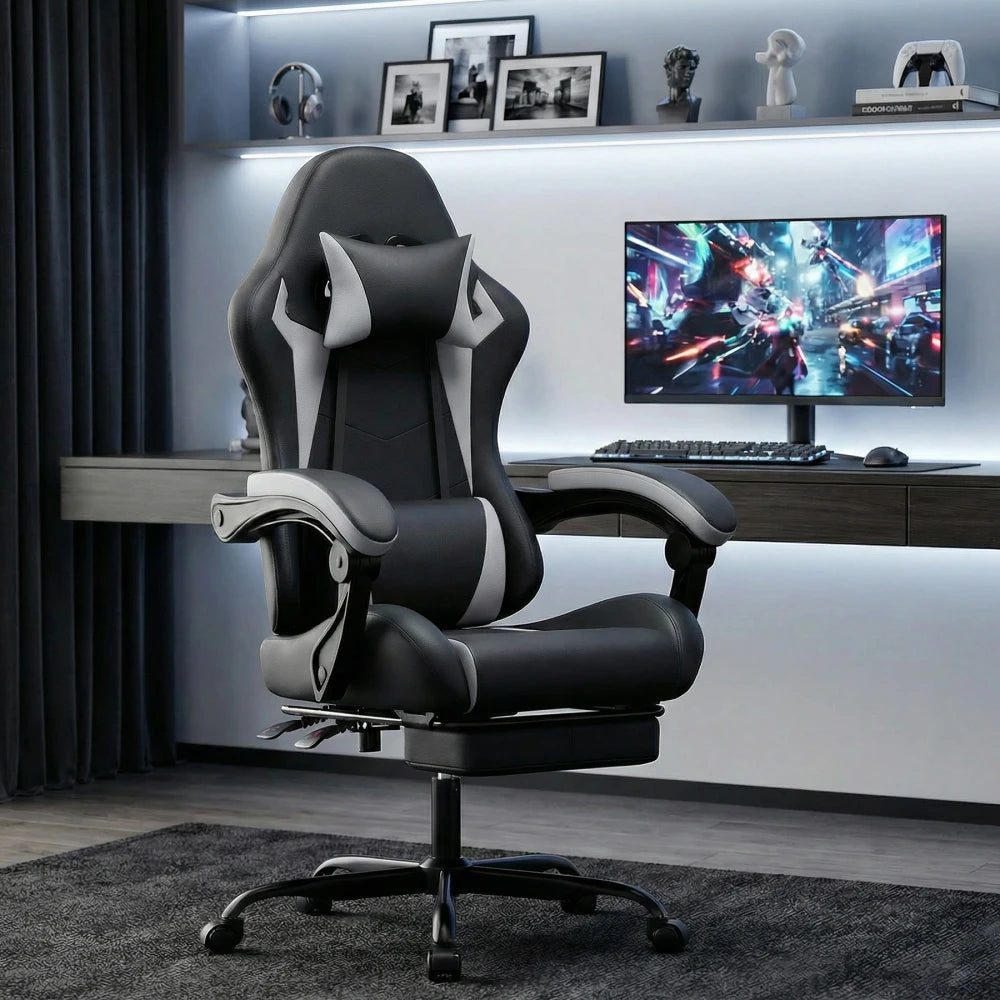 Gaming Chair Ergonomic Gaming Chair with Lumbar Pillow and Headrest, Gamer Chair Height Adjustable, PC Chair for Adults Girls Boys, Black and White