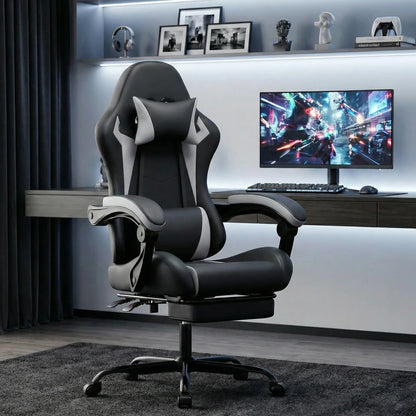 Gaming Chair Ergonomic Gaming Chair with Lumbar Pillow and Headrest, Gamer Chair Height Adjustable, PC Chair for Adults Girls Boys, Black and White