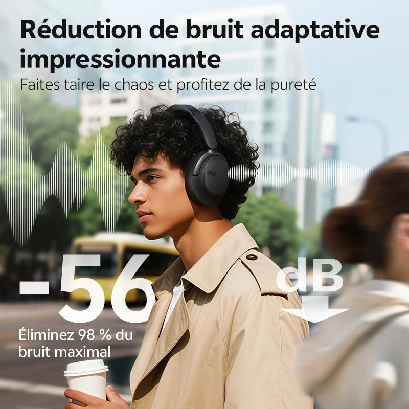 QCY H3S -56dB ANC adaptativo Auscultadores Bluetooth 6.0 circum-aurais – Headset sem fios Hi-Res LDAC, bateria de 102H, som espacial Dual Driver