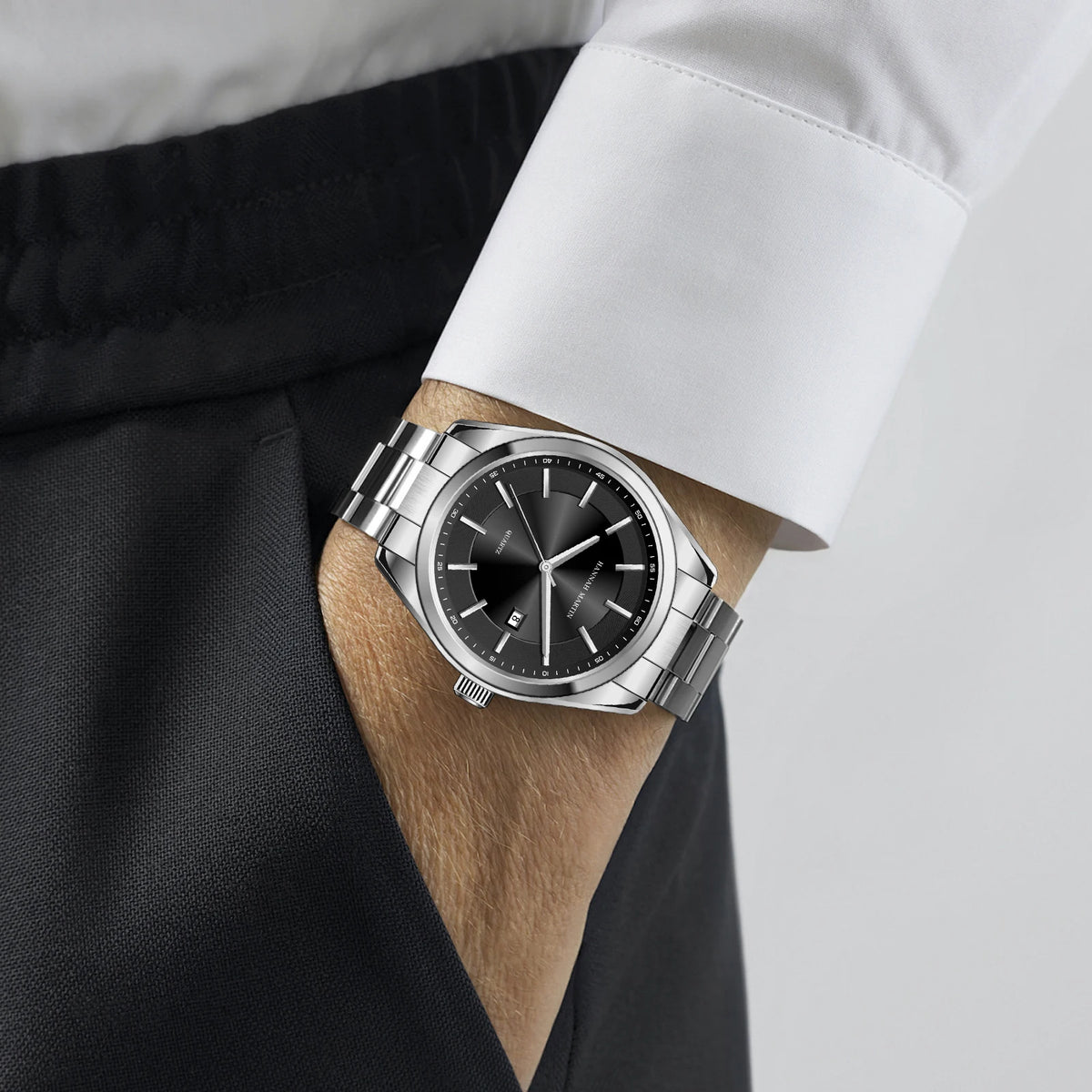 Kvarčna ura HANNAH MARTIN, 40 mm, za moške, črna zapestnica iz nerjavečega jekla, vodotesna do 3 barov, športno-eleganten stil