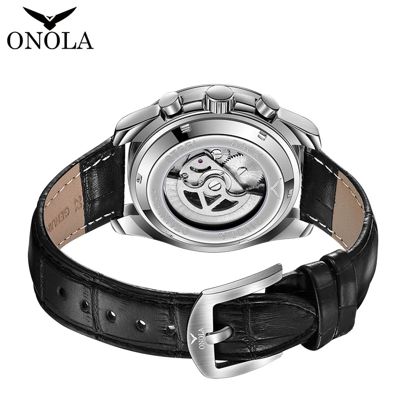 Mechanische Herrenuhr ONOLA – Luxuriöse Automatikuhr im lässigen Stil, mit Lederarmband und durchbrochenem Zifferblatt