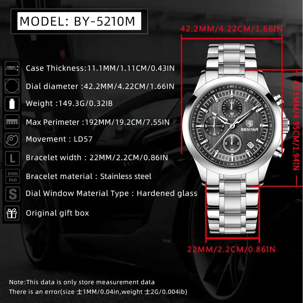 BENYAR 2024 New 40MM Men's Quartz Watch 50M Waterproof Automatic Diving Watch Luxury Fashion Men's Stainless Steel Watch