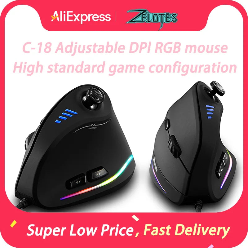 ZELOTES C-18 vertikali pelė, 11 mygtukų optinė pelė, RGB, programuojami vairasvirtės tipo valdikliai, lazerinė žaidimų pelė PC kompiuterių žaidėjams