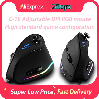 ZELOTES C-18 vertikali pelė, 11 mygtukų optinė pelė, RGB, programuojami vairasvirtės tipo valdikliai, lazerinė žaidimų pelė PC kompiuterių žaidėjams