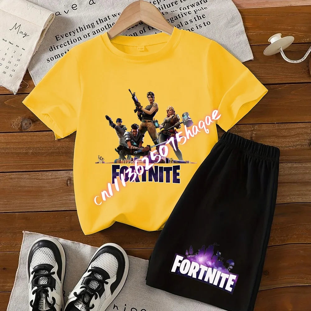 Summer T-shirts 2 pieces Fortnite children's cotton short-sleeved set with cartoon prints, boys' sports shirt, casual top, gift