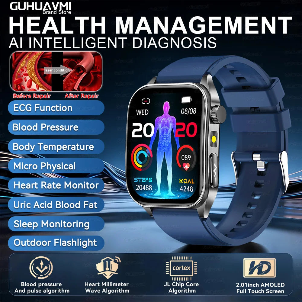 2026 New 650nm Laser Therapy Blood Fat Uric Acid Blood Pressure Smart Watch ECG+PPG Precise Health Monitor Smartwatches For Men