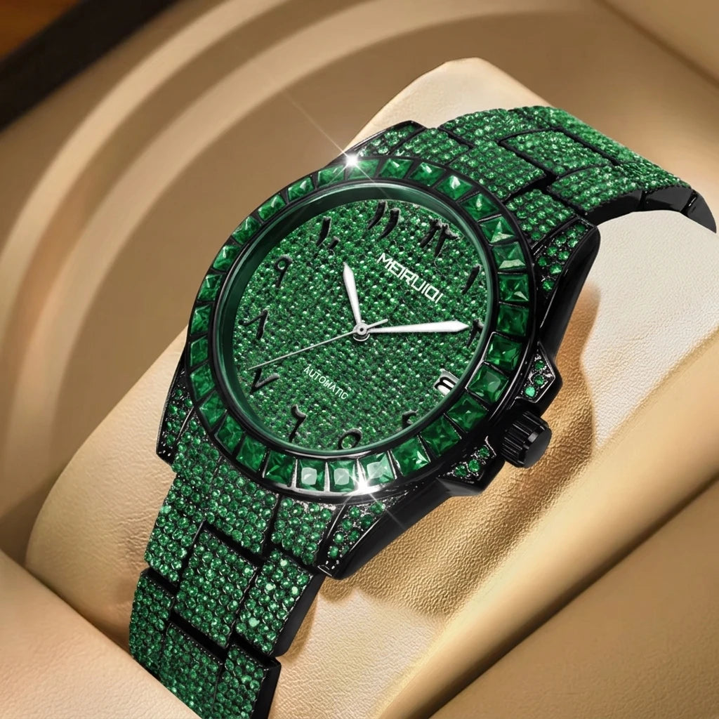 A men's green steel strap luxury trendy analog delicate pinion automatic mechanical watch